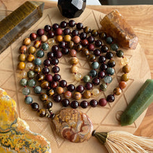 Load image into Gallery viewer, Expanding Consciousness - 108 Bead Necklace - Bird&#39;s Eye Rhyolite, Green Rutile Quartz, Mookaite Jasper, Petrified Wood, Picture Jasper, Garnet, Rosewood, Tigers Eye, Brecciated Jasper, Eagle Eye
