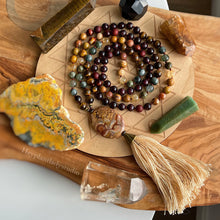 Load image into Gallery viewer, Expanding Consciousness - 108 Bead Necklace - Bird&#39;s Eye Rhyolite, Green Rutile Quartz, Mookaite Jasper, Petrified Wood, Picture Jasper, Garnet, Rosewood, Tigers Eye, Brecciated Jasper, Eagle Eye