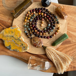 Expanding Consciousness - 108 Bead Necklace - Bird's Eye Rhyolite, Green Rutile Quartz, Mookaite Jasper, Petrified Wood, Picture Jasper, Garnet, Rosewood, Tigers Eye, Brecciated Jasper, Eagle Eye