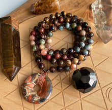 Load image into Gallery viewer, Journey Within - 108 Bead Necklace -Picture Jasper, Garnet, Rosewood, Sunstone, Tigers Eye, Brecciated Jasper, Petrified Wood, Eagle Eye, Mahogany Obsidian, Bronzite