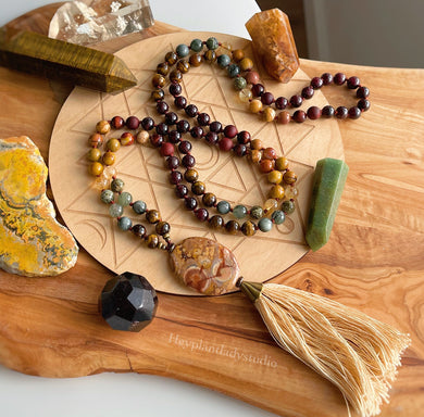 Expanding Consciousness - 108 Bead Necklace - Bird's Eye Rhyolite, Green Rutile Quartz, Mookaite Jasper, Petrified Wood, Picture Jasper, Garnet, Rosewood, Tigers Eye, Brecciated Jasper, Eagle Eye