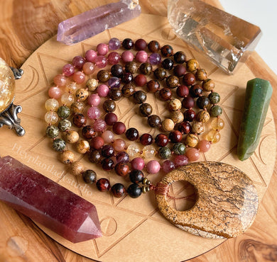 Aligned with Nature - 108 Bead Necklace -Citrine, Strawberry Quartz, Picture Jasper, Garnet, Rosewood, Sunstone, Tigers Eye, Brecciated Jasper, Rhodonite, Mahogany Obsidian, Bronzite