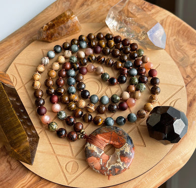 Journey Within - 108 Bead Necklace -Picture Jasper, Garnet, Rosewood, Sunstone, Tigers Eye, Brecciated Jasper, Petrified Wood, Eagle Eye, Mahogany Obsidian, Bronzite