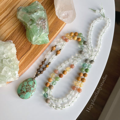 Mountain Mist - 108 Bead Necklace - Sunstone, Citrine, Sandalwood, Tigers Eye, Mookaite Jasper, Fluorite, Jade, Polychrome Jasper, Clear Quartz, White Agate, Magnesite