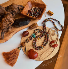 Load image into Gallery viewer, Wisdom in the Trees - 108 Mala Bead Necklace - Natural Turquoise, Rainforest Jasper, Mookaite Jasper, Red Creek Jasper,