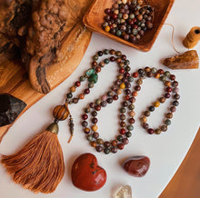 Load image into Gallery viewer, Wisdom in the Trees - 108 Mala Bead Necklace - Natural Turquoise, Rainforest Jasper, Mookaite Jasper, Red Creek Jasper,