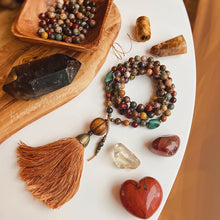 Load image into Gallery viewer, Wisdom in the Trees - 108 Mala Bead Necklace - Natural Turquoise, Rainforest Jasper, Mookaite Jasper, Red Creek Jasper,