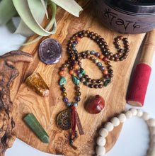 Load image into Gallery viewer, Mystic Wilderness - 108 Mala Bead Necklace - Natural Turquoise, Lepidolite, Eagle Eye, Rainforest Jasper, Sandalwood, Rosewood, Aventurine, Fire Agate