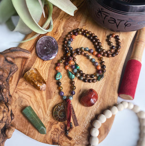Mystic Wilderness - 108 Mala Bead Necklace - Natural Turquoise, Lepidolite, Eagle Eye, Rainforest Jasper, Sandalwood, Rosewood, Aventurine, Fire Agate