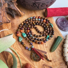 Load image into Gallery viewer, Mystic Wilderness - 108 Mala Bead Necklace - Natural Turquoise, Lepidolite, Eagle Eye, Rainforest Jasper, Sandalwood, Rosewood, Aventurine, Fire Agate