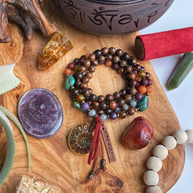 Mystic Wilderness - 108 Mala Bead Necklace - Natural Turquoise, Lepidolite, Eagle Eye, Rainforest Jasper, Sandalwood, Rosewood, Aventurine, Fire Agate