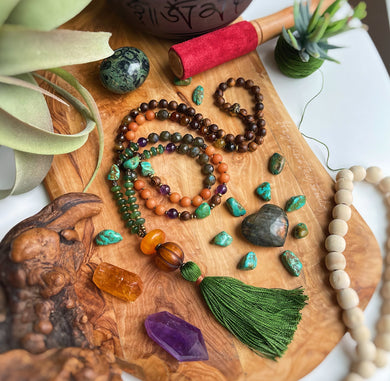 Auspicious One - 108 Mala Bead Necklace - Natural Turquoise, Labradorite, Jade, Aventurine, Amethyst, Fire Agate, Sandalwood