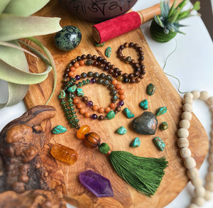 Auspicious One - 108 Mala Bead Necklace - Natural Turquoise, Labradorite, Jade, Aventurine, Amethyst, Fire Agate, Sandalwood