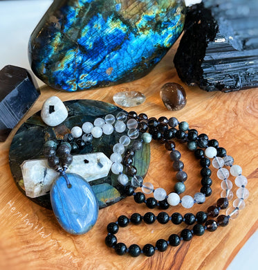Its only a Phase - 108 Mala Necklace - Labradorite, Selenite, Rainbow Moonstone, Tourmalated Quartz, Eagle Eye, Obsidian, Smoky and Clear Quartz