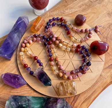 Dance through the Fire - Red Carnelian, Rainbow Fluorite, Citrine, Sunstone, Strawberry Quartz, Amethyst, Rhodonite, Fossil Agate