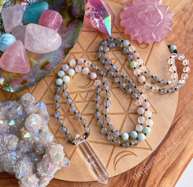 Divinely Guided - 108 - Luxe Labradorite, Rainbow Moonstone, Rose Quartz, Diamond Cut Ammonite, Clear Quartz Mala