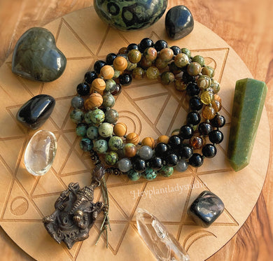 Awakening - Ganesha 108 Mala Necklace -  Obsidian, Green Garnet, African Turquoise, Labradorite, Wood Grain Jasper, Rainforest Jasper