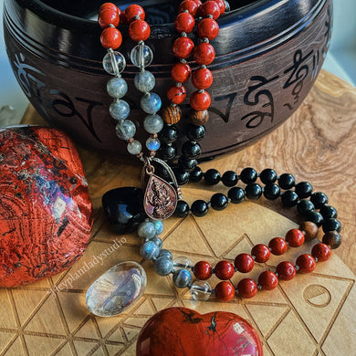Inner Strength - 108 Bead Ganesha + OM Mala, Red Jasper, Labradorite, Obsidian, Sandalwood, Clear Quartz