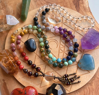 Kindness - Rainbow Gemstone 108 Mala Bead Necklace - Clear Quartz Guru - Garnet Beaded Tassel