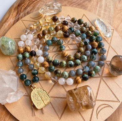 Tree of Life - 108 Mala Bead Necklace - Gold Vermeil Hand Cast Tree of Life, Moss Agate, Rainforest Jasper, Selenite, Citrine, Smoky + Clear Quartz, Labradorite, Wood Grain Jasper, African Turquoise