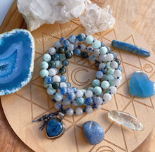 Load image into Gallery viewer, Pre-Order - Reserved - Snow Angel - 108 Mala Bead Necklace - Blue + Green Kyanite, Green Angelite, Dumortierite in Quartz