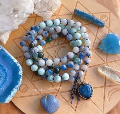 Snow Angel - 108 Mala Bead Necklace - Blue + Green Kyanite, Green Angelite, Dumortierite in Quartz