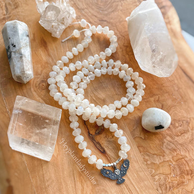 Frosty Forest Mala Necklace  - 925 Sterling Silver Celestial Owl + AAA Faceted Rainbow Moonstone