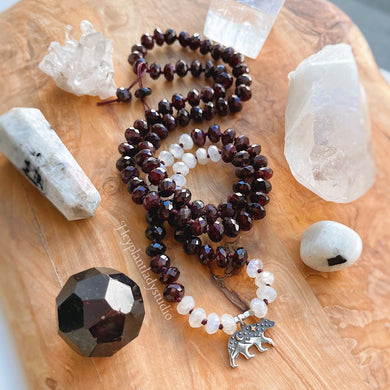 Winter Woodland Mala Necklace  - 925 Sterling Silver Mountain Bear + Brazilian Garnet + AAA Rainbow Moonstone