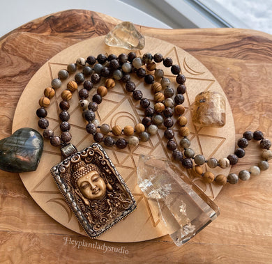 Infinite Potential - Gray Moonstone + Brown Snowflake Obsidian + Wood + Woodgrain Jasper + Cinnabar Buddha