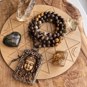 Infinite Potential - Gray Moonstone + Brown Snowflake Obsidian + Wood + Woodgrain Jasper + Cinnabar Buddha