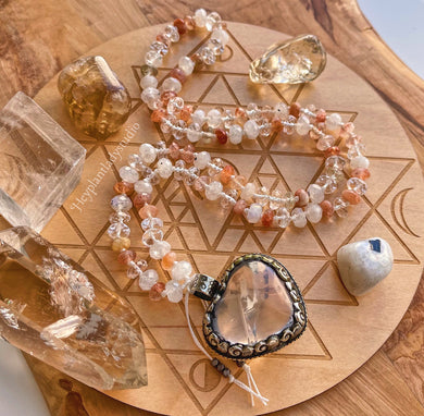 Sun + Moon - 108 - Sunstone + Rainbow Moonstone + Clear Quartz