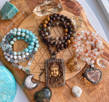 Load image into Gallery viewer, Infinite Potential - Gray Moonstone + Brown Snowflake Obsidian + Wood + Woodgrain Jasper + Cinnabar Buddha