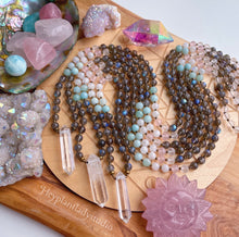 Load image into Gallery viewer, Reserved - Divinely Guided - 108 - Luxe AA Labradorite, Rainbow Moonstone, Rose Quartz, Diamond Cut Amazonite, Clear Quartz Mala
