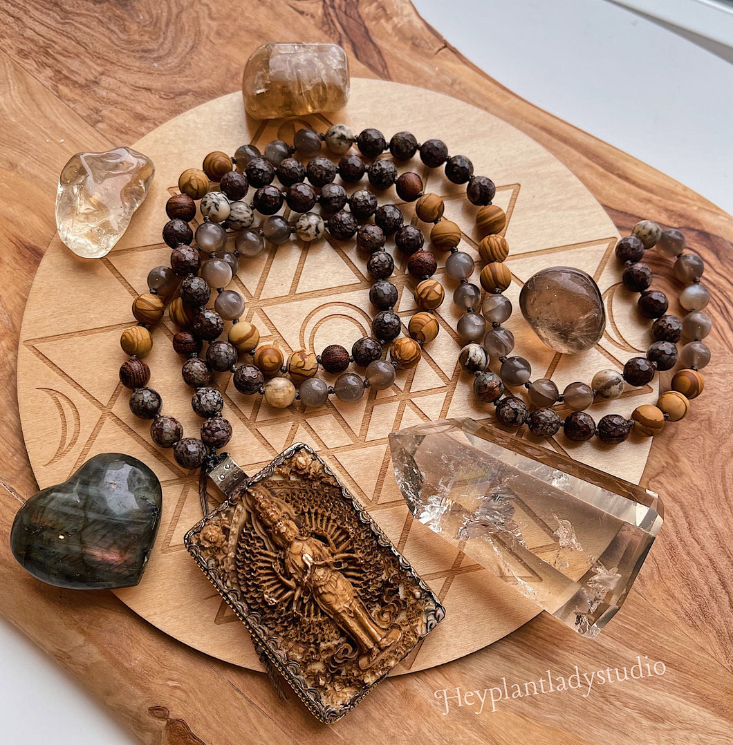 RESERVED - Infinite Potential - Gray Moonstone + Brown Snowflake Obsidian + Wood + Woodgrain Jasper + Cinnabar Buddha