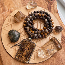 Load image into Gallery viewer, RESERVED - Infinite Potential - Gray Moonstone + Brown Snowflake Obsidian + Wood + Woodgrain Jasper + Cinnabar Buddha