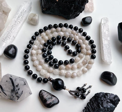 BALANCE - 108 Mala Necklace - Hypersthene + Arfvedsonite + Natural Cream Agate + Selenite + Onyx Tassel