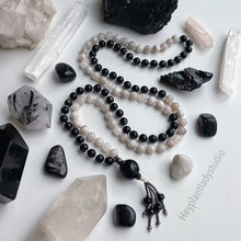Load image into Gallery viewer, Balance - 108 Mala Necklace - Hypersthene + Arfvedsonite + Natural Cream Agate + Selenite + Onyx Tassel