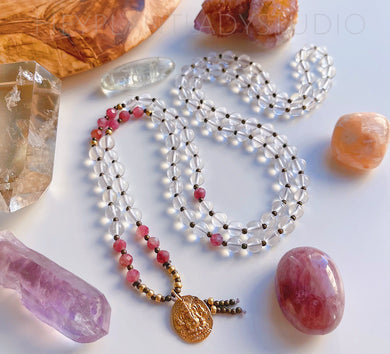 Compassion - 108 - Luxe Pink Tourmaline + Clear Quartz + 24K Gold Plate Ganesha Mala