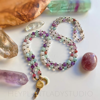 Karma - 108 - Luxe Pink Tourmaline + Rainbow Fluorite + Amazonite + Amethyst + Rainbow Moonstone Mala