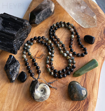 Karmic Healing - 108 Mala Bead Necklace - Ammonite, Eagle Eye, Hypersthene, Smoky Quartz