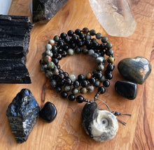 Load image into Gallery viewer, Karmic Healing - 108 Mala Bead Necklace - Ammonite, Eagle Eye, Hypersthene, Smoky Quartz