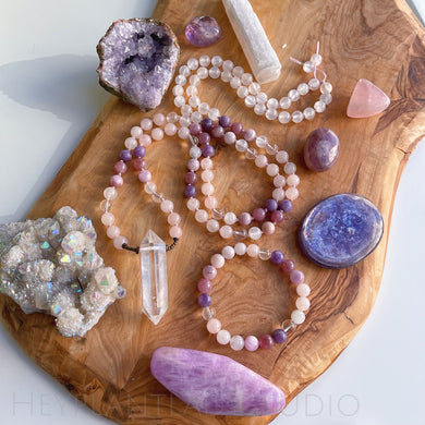 RESERVED - 108 Mala Necklace and Bracelet SET - Madagascar Rose Quartz + Clear Quartz + Selenite + Lepidolite + Kunzite