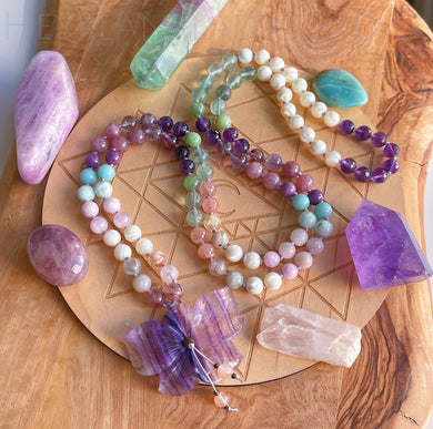 Exquisite Beauty - Fluorite Orchid - 108 Mala Bead Necklace - Strawberry Quartz, Flower Agate, White Mother of Pearl, Kunzite, Angelite, Amazonite, Amethyst, Phosphosiderite, Madagascar Rose Quartz, Phantom Amethyst, Jade, Green Fluorite