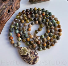 Load image into Gallery viewer, Self Healing  - 108 Bead Mala Necklace - Gray Moonstone, Green Garnet, Polychrome Jasper, Rhyolite, African Turquoise, Mushroom Jasper
