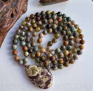 Self Healing  - 108 Bead Mala Necklace - Gray Moonstone, Green Garnet, Polychrome Jasper, Rhyolite, African Turquoise, Mushroom Jasper