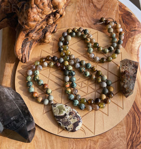 Self Healing  - 108 Bead Mala Necklace - Gray Moonstone, Green Garnet, Polychrome Jasper, Rhyolite, African Turquoise, Mushroom Jasper