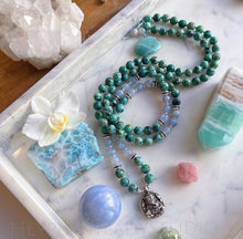 Load image into Gallery viewer, Generosity Flows - 108 Bead African Turquoise + Blue Chalcedony + 925 Silver Ganesha Handmade in Nepal