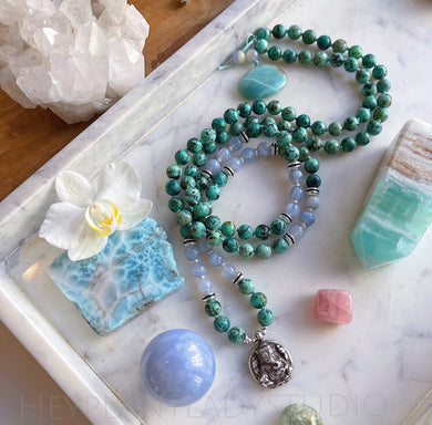 Generosity Flows - 108 Bead African Turquoise + Blue Chalcedony + 925 Silver Ganesha Handmade in Nepal