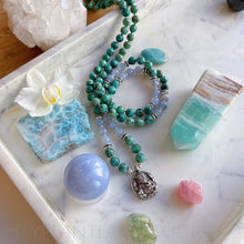 Load image into Gallery viewer, Generosity Flows - 108 Bead African Turquoise + Blue Chalcedony + 925 Silver Ganesha Handmade in Nepal