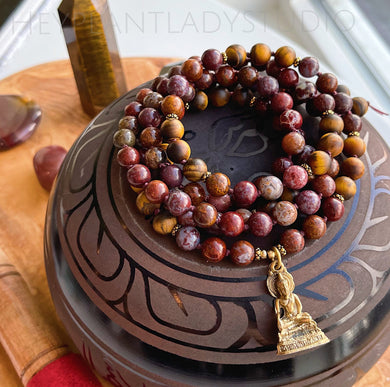 Confidence and Freedom - 108 Bead Flame Agate + Tigers Eye Mala Necklace + Bracelet SET